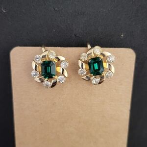Vintage CORO Signed Green & Clear Rhinestone Gold Tone Clip on Earrings